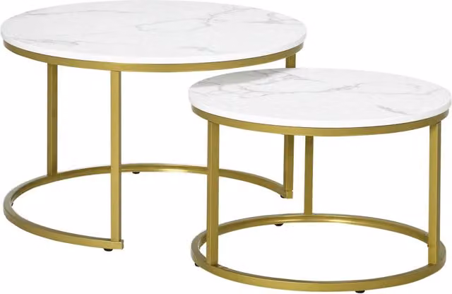Set di 2 Tavolini Bassi Sovrapponibili Rotondi MDF Effetto Marmo Bianco e Acciaio Dorato Salvaspazio Design Moderno Ø 74 x 46,3 cm
