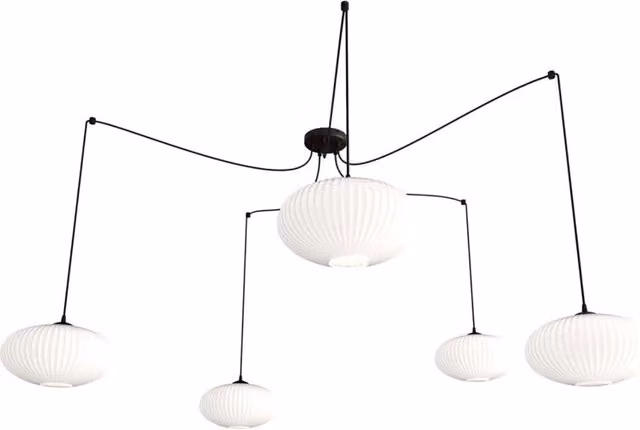 Lampadario 5 Luci Tefnet In Acciaio Nero Paralume Plissettato Bianco