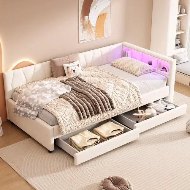 Letto 90 x 200 cm con 2 cassetti; LED RGB; USB e Type-C; lino e MDF; beige