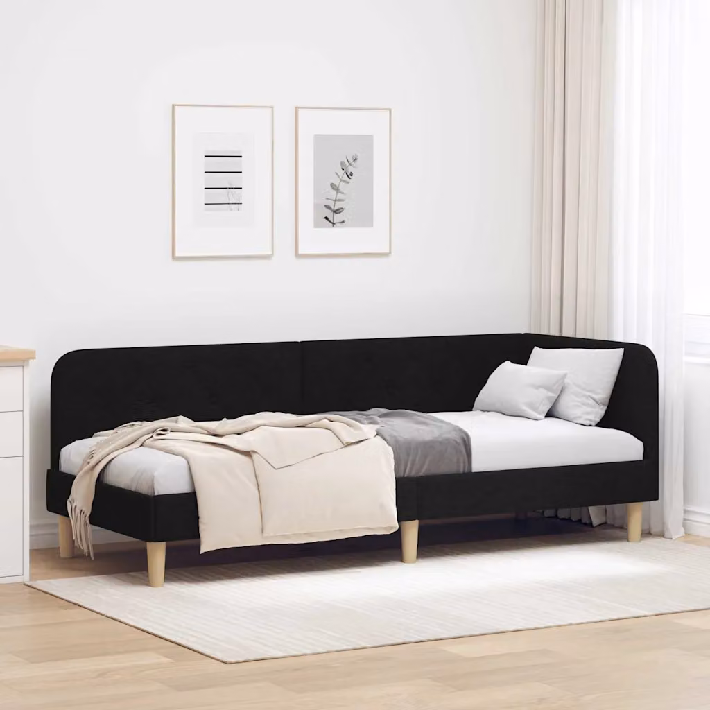 Cornice del letto ad angolo vidaXL in tessuto nero con struttura in legno e doghe fisse L 200 x P 80 x H 72 cm
