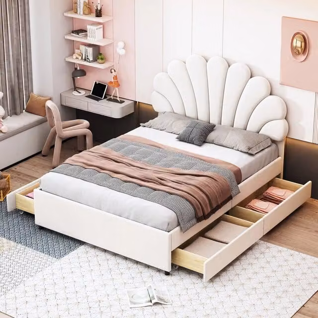 Letto Imbottito 140x200 cm con Rete a Doghe ¨C Minimal ¨C Beige Velluto con Testiera e Cassetti
