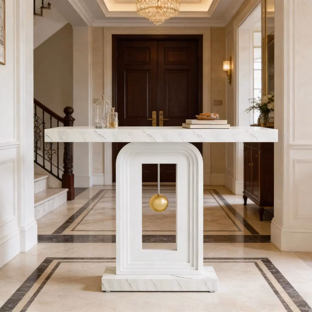 Consolle Mivray con piano effetto marmo bianco e base geometrica quadrata in MDF per ingresso e soggiorno – 2