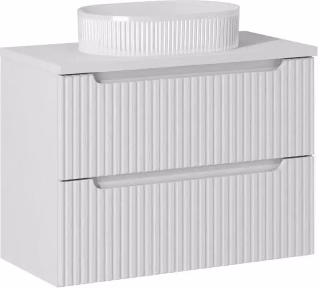 Set bagno VANO bianco 80cm: mobile sottolavabo con cassetti + piano per lavabo bianco + lavabo da appoggio scanalato bianco