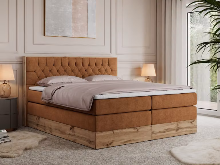 Letto continentale Boxspring AMORE KING con contenitore - 200x200 cm - Materasso H3 - Tessuto strutturato arancione - Topper T25