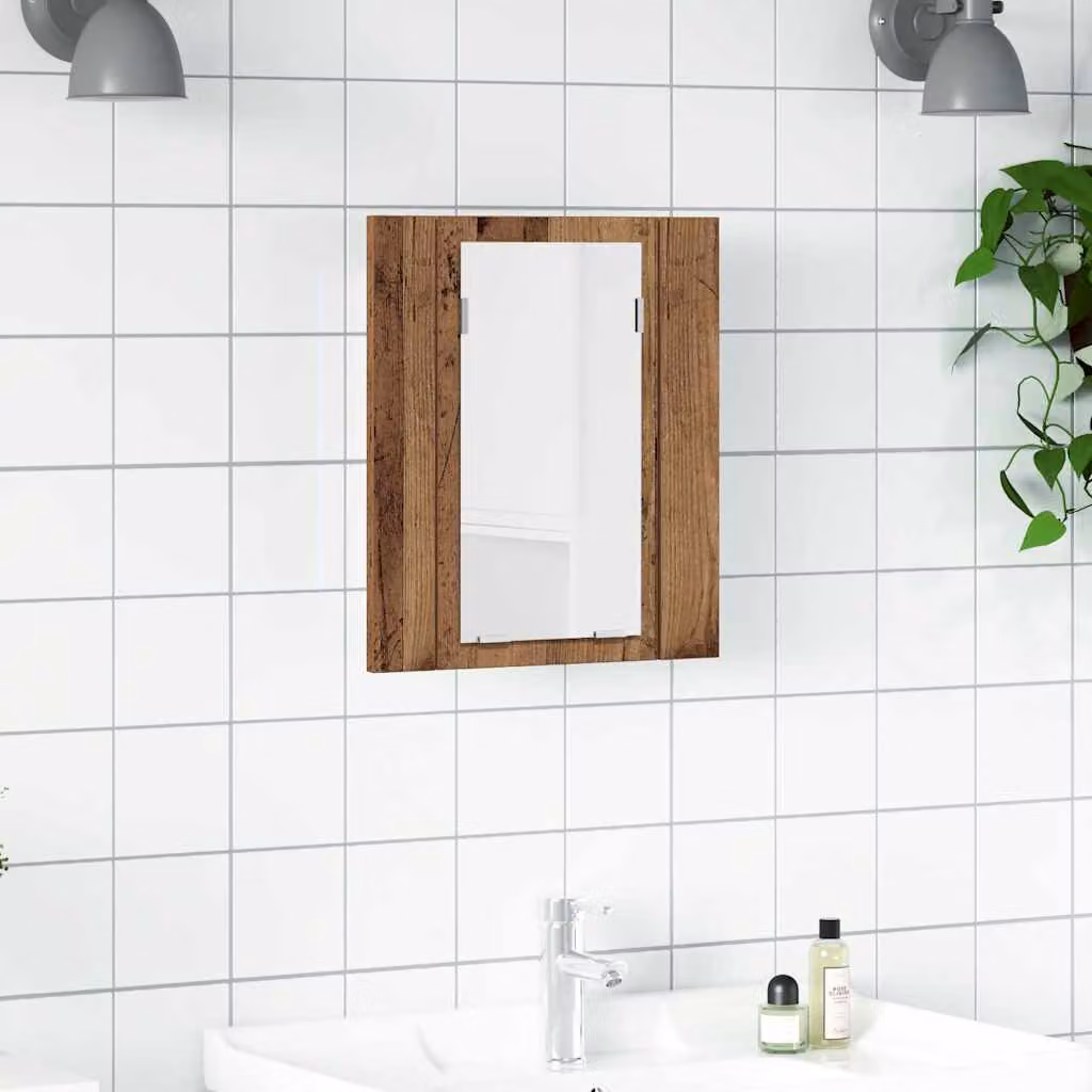 Mobile da bagno vidaXL in legno vintage marrone con illuminazione LED e ante in vetro, L 40 cm, P 12 cm, H 45 cm