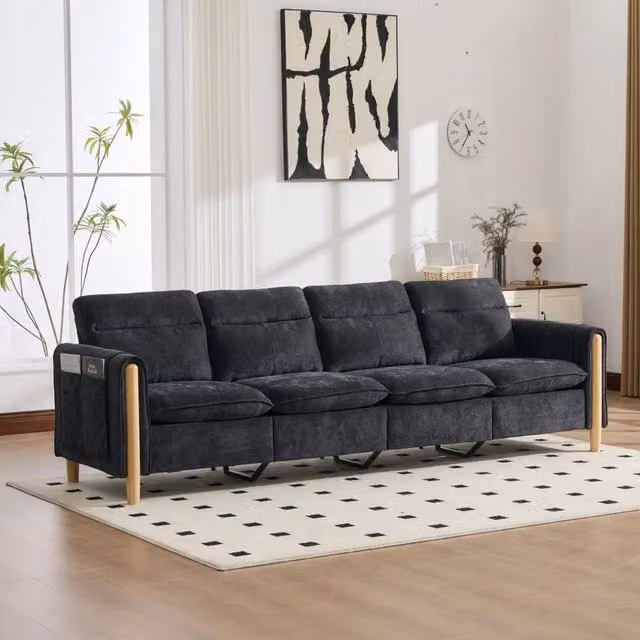 Divano panoramico modulare MIVRAY a 4 posti in tessuto nero con pouf coordinato e gambe in legno per il tuo soggiorno