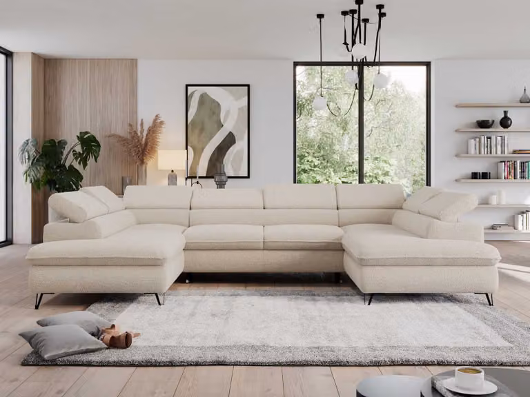 Divano ad angolo con contenitore, divano letto a U con funzione letto, poggiatesta regolabili - PEDRO U - Bouclé - Beige