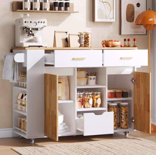 Isola cucina mobile con piano pieghevole; 3 cassetti; ripiani laterali e ruote bloccabili; 120x45(71)x90 cm