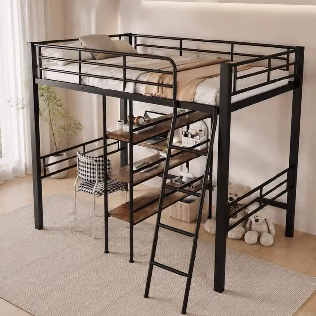 Letto a soppalco ULEVR 90x200 cm con scrivania, ripiani, scala e sponde, struttura in metallo nero
