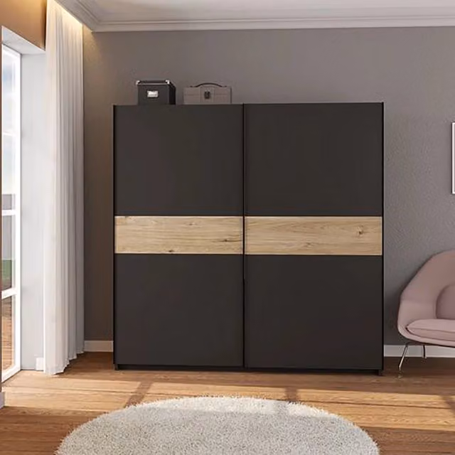 Armadio Camera da Letto Nalika, Guardaroba 2 Ante 2 Ripiani, 200x204h cm Nero Antracite