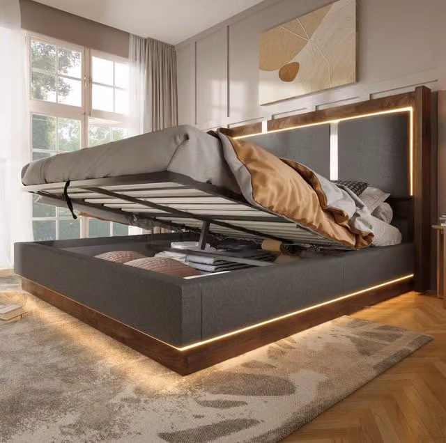 Letto 140x190 cm grigio e noce – LED, contenitore e rete a doghe, senza materasso