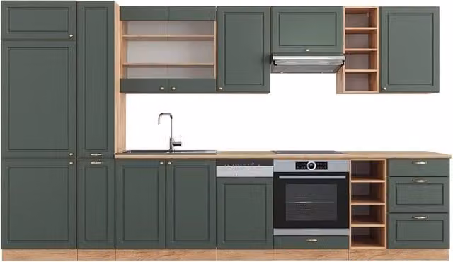 Cucina componibile Fame-Line Vicco in stile country house, Verde-oro e Rovere dorato, L: 355 cm – 1