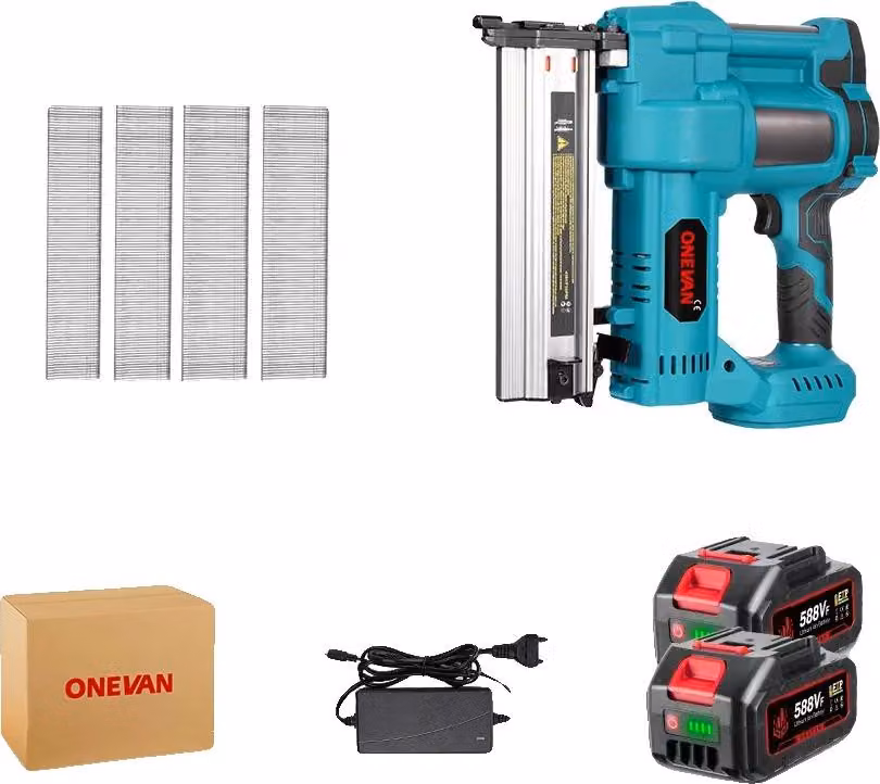Pistola sparachiodi per telai, design senza fili, facile regolazione della profondità dei chiodi, 2 batterie, caricatore 1EU