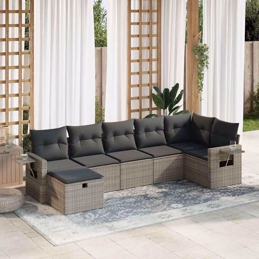 Set di divani da giardino vidaXL in polyrattan grigio con cuscini, composizione a L con poltrone, elementi angolari e pouf