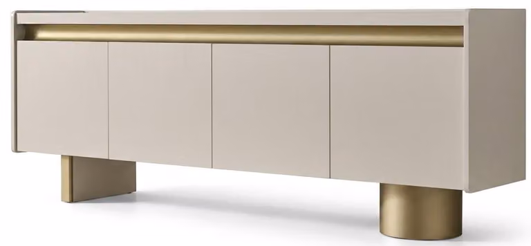 Mobile contenitore moderno, bianco, in legno e metallo, con dettagli dorati. Comodino, credenza