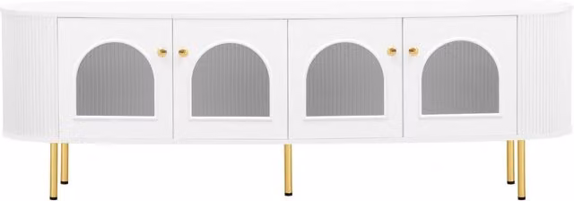 Mobile TV Lowboard in MDF bianco con ante in vetro, dettagli dorati, 170x35x55 cm