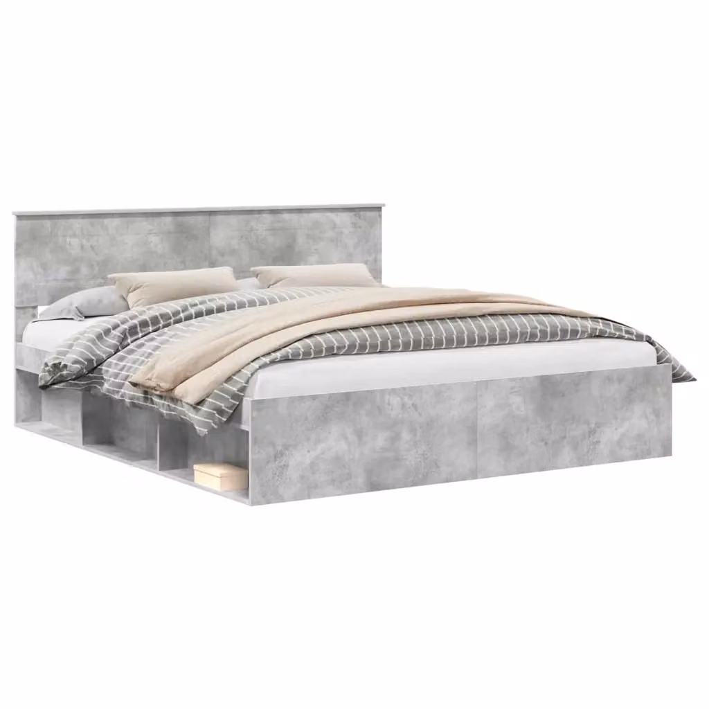 Struttura del letto con testiera vidaXL in effetto calcestruzzo grigio con compartimenti laterali e doghe in legno, L 180 x P 200 cm – 2