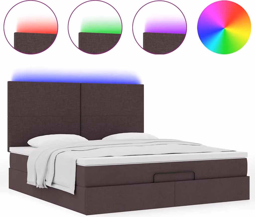 Ottomana con materasso e LED Tessuto marrone scuro 180x200 cm