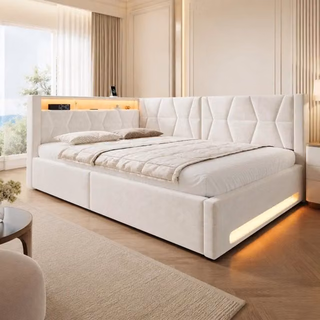 Letto imbottito 140 × 200 cm con contenitore idraulico in metallo e velluto beige con LED USB e Type-C