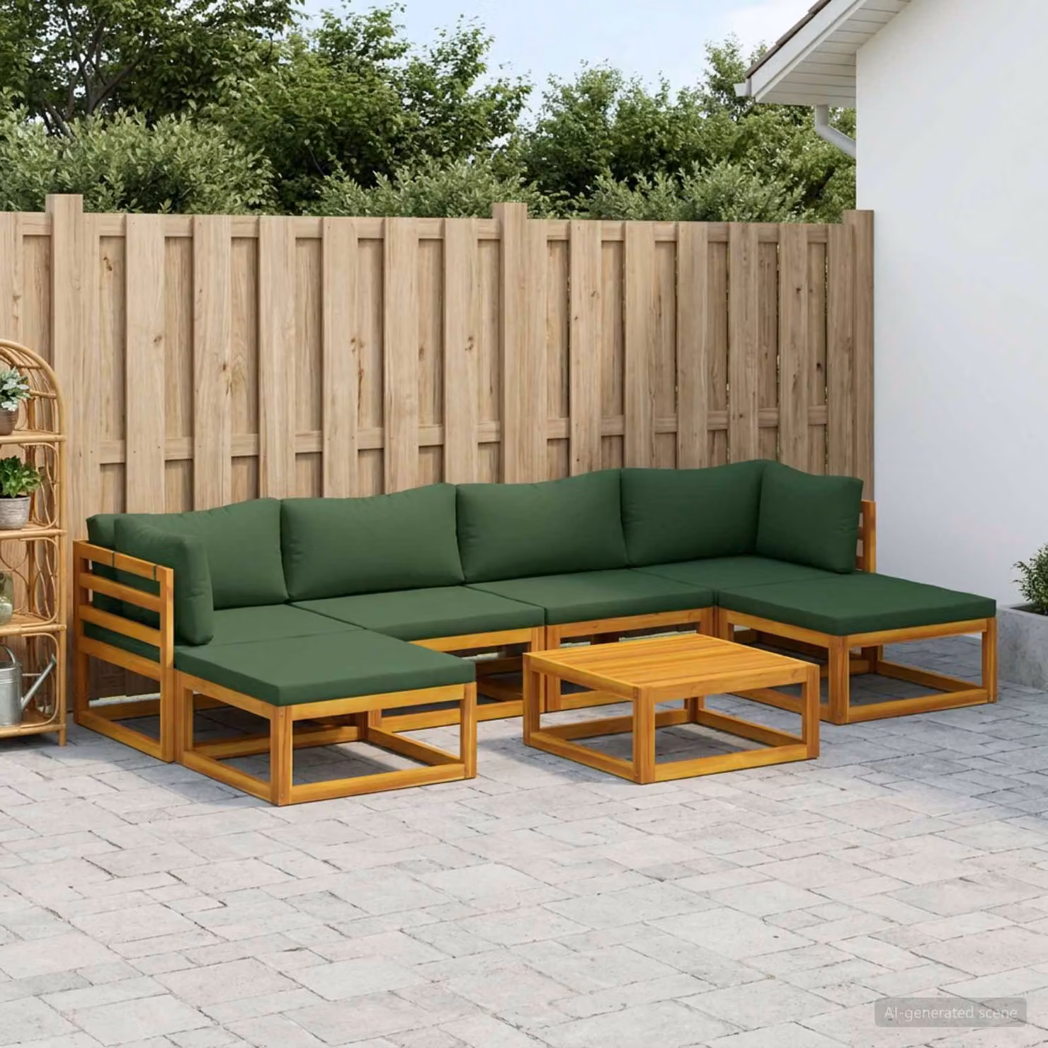 Set di divani da giardino vidaXL in legno di acacia massello con 7 pezzi, colore marrone e verde, con cuscini inclusi e tavolino da caffè per esterno