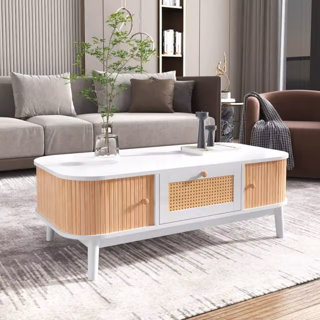 Tavolino basso fisso da salotto in MDF bianco con ante e cassetti in rattan e gambe in legno 110 × 55 × 38.5 cm