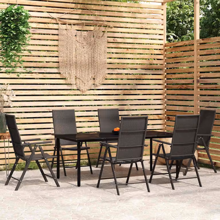 Set da pranzo da giardino vidaXL in metallo e vetro nero, 7 pezzi