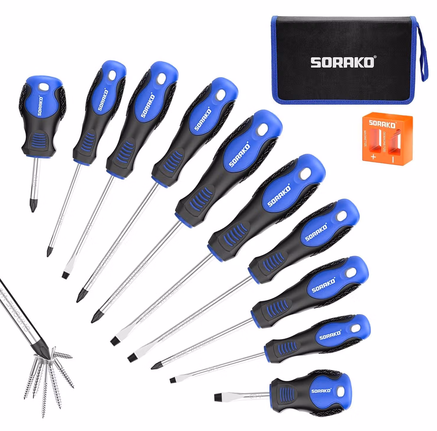 Set di cacciaviti magnetici, composto da 11 pezzi, con magnetizzatore 2-in-1, custodia in nylon per il trasporto, ideale per