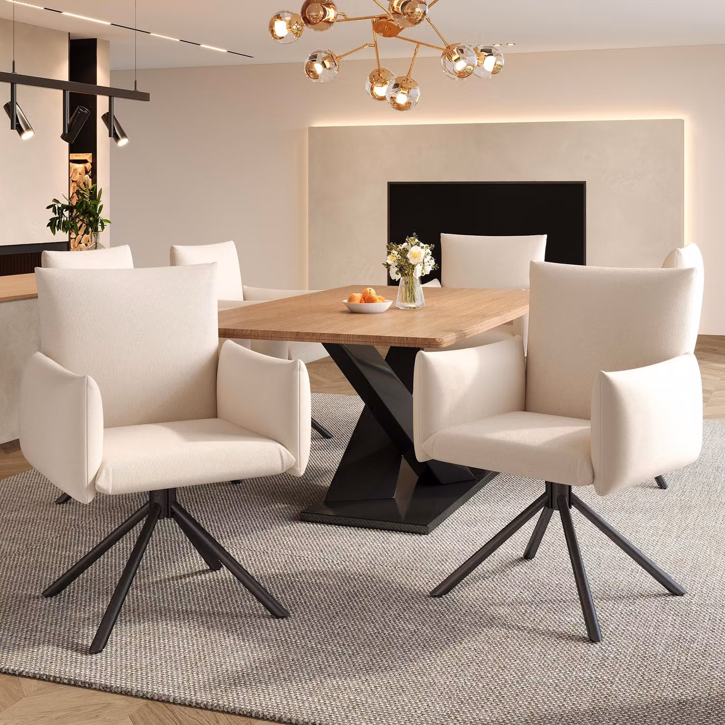 Set di 4 sedie da pranzo, poltrona imbottita con 4 gambe in metallo, sedia girevole a 360°, adatta per soggiorno, camera da letto, ufficio e scrivania, con supporto lombare, rivestita in lino, colore beige. 4 pezzi, colore beige