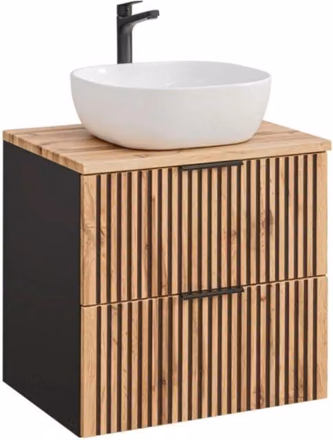 Insieme KINOKO: mobile sottolavabo con cassetti 60cm + piano lavabo in rovere + lavabo bianco quadrato da appoggio