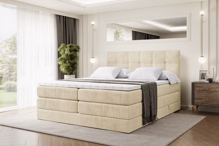 Letto boxspring ALTDECOR con 2 materassi e topper - 180x200 cm - MARCE KING - Velluto beige - Letto imbottito con materassi H3 e H4, contenitore e rete a doghe, letto con spazio contenitivo