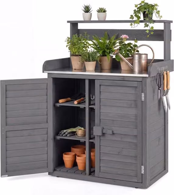 Armadietto da Esterno in Legno a 2 Livelli (Grigio) | con Piano in Metallo Zincato, 3 Ganci Appendiabiti, Ripiani Rimovibili e Ante a Doghe, da Giardino, Balcone e Cortile