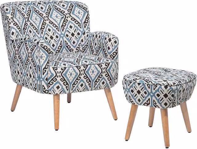 Poltrona con Poggiapiedi BELIANI in Tessuto Multicolore con Motivo Astratto Boho e Gambe in Legno di Gomma L: 74 cm, P: 66 cm, H: 44 cm
