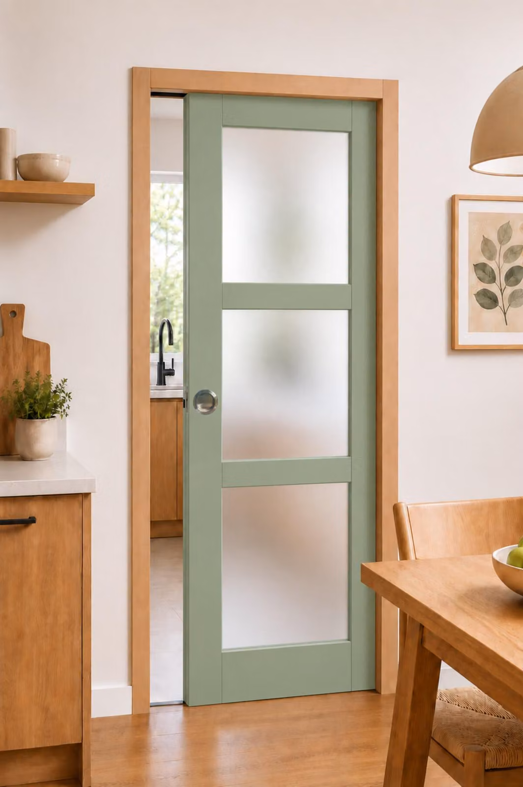 Porta scorrevole verde chiaro con vetro H204 x L73 cm, incassata, kit finitura Gd Menuserie