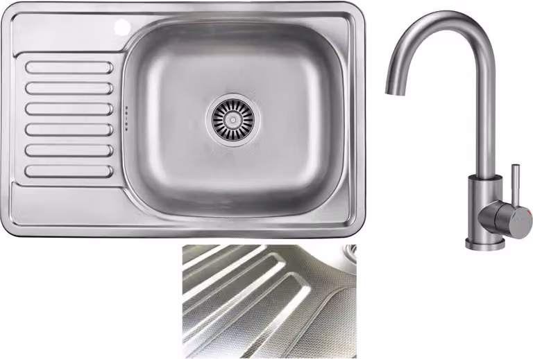 VBChome Lavello da incasso con rubinetto 66x42 Struttura in acciaio inox con finitura ruvida Sinistra Lavello da cucina Lavello Superficie di appoggio Gocciolatoio Sinistra Angolare Set di scarico per campeggio Sifone Rubinetto Inox Acciaio inox