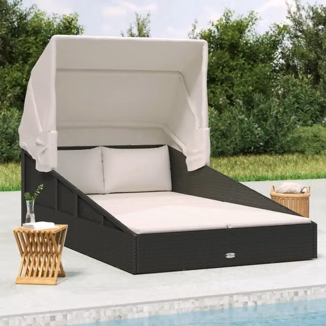 Lettino con Tettuccio Pieghevole Nero 200x114x128 cm Polyrattan 362273