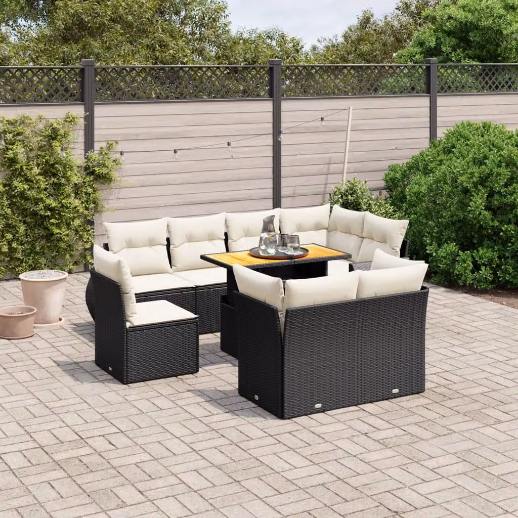 vidaXL Set Divani da Giardino a L 9 pz in Polyrattan Nero con Cuscini e Tavolino da Esterno – 1