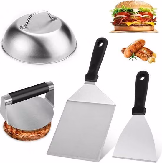 Set di 4 accessori per griglia 4-delice in acciaio inossidabile color argento, inclusi patty maker, spatola per griglia, spatola e patty holder, ideali per gas grill, teppanyaki e plancha