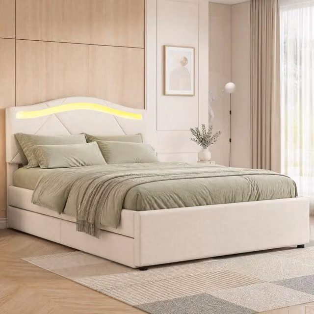Letto imbottito ULEVR 90x200 cm beige con LED, 2 cassetti e testiera regolabile in lino