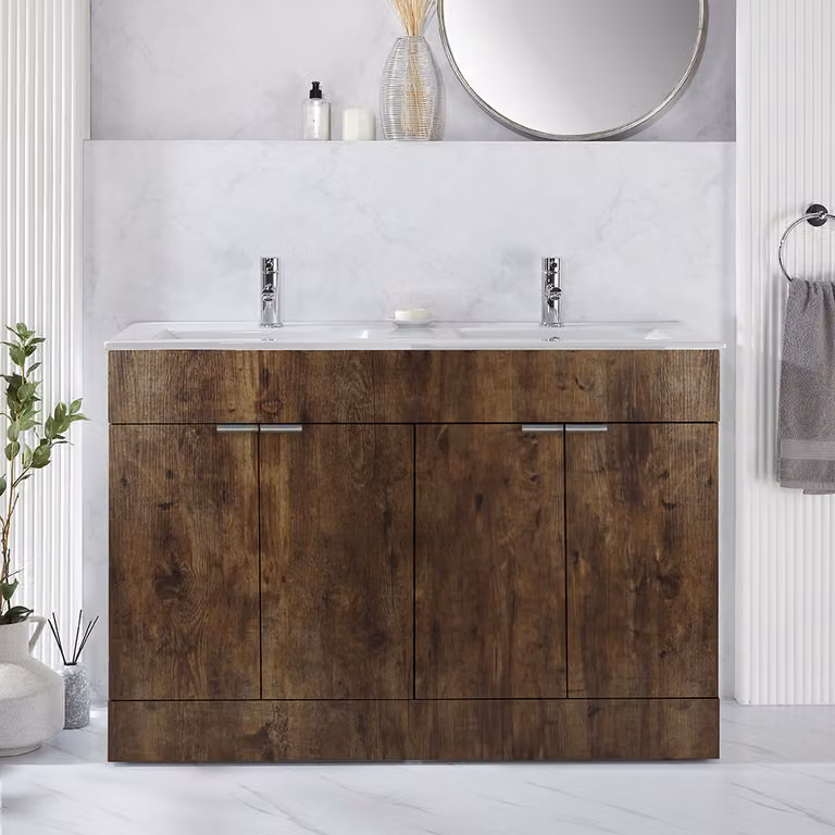 Mobile Bagno a Terra Rovere Scuro da 1210mm con Doppio Lavabo e Maniglie con Impugnatura a Dito Cromate - Cluo