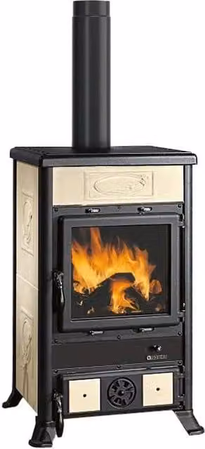 Stufa a Legna Nordica Rossella R1 5.0 in Ceramica Maiolica Colore Panna o Beige