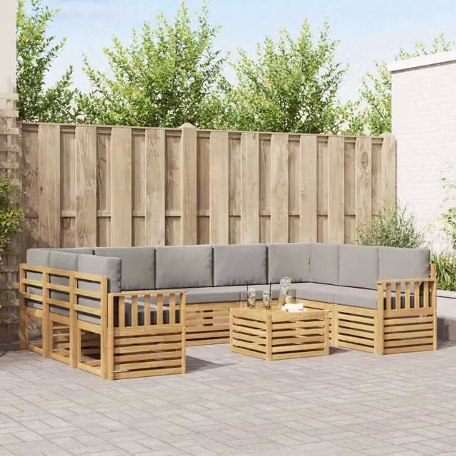 Set di divani da esterno vidaXL in legno di acacia con cuscini, bianco e grigio – 1