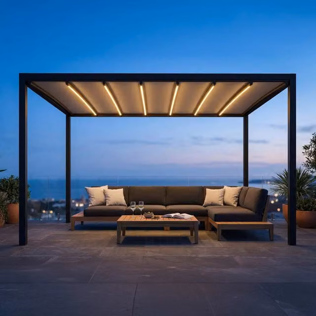 Pergola retrattile motorizzata COSMA in alluminio con LED, L: 300 cm x P: 300 cm