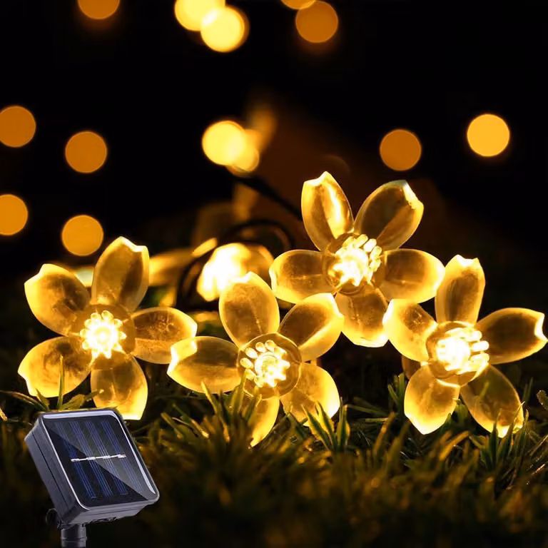 Catena luminosa solare, 7 metri, 50 LED a forma di fiori di ciliegio, 8 modalità, luce bianco caldo