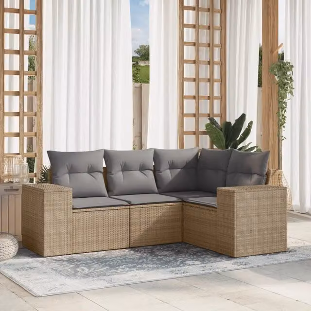 Set Divano da Giardino 4 pz con Cuscini-Sofa da Giardino-Divanetto da esterno Beige in Polyrattan 824605