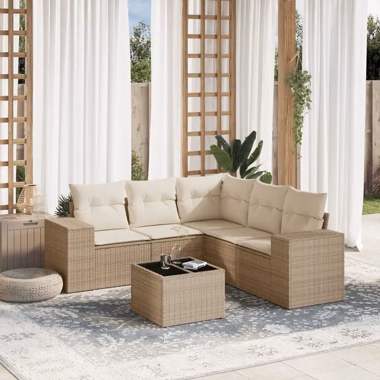 vidaXL Set Divano da Giardino a L con Cuscini Beige e Tavolino, 6 Pezzi in Polyrattan con Struttura in Acciaio Verniciato a Polvere