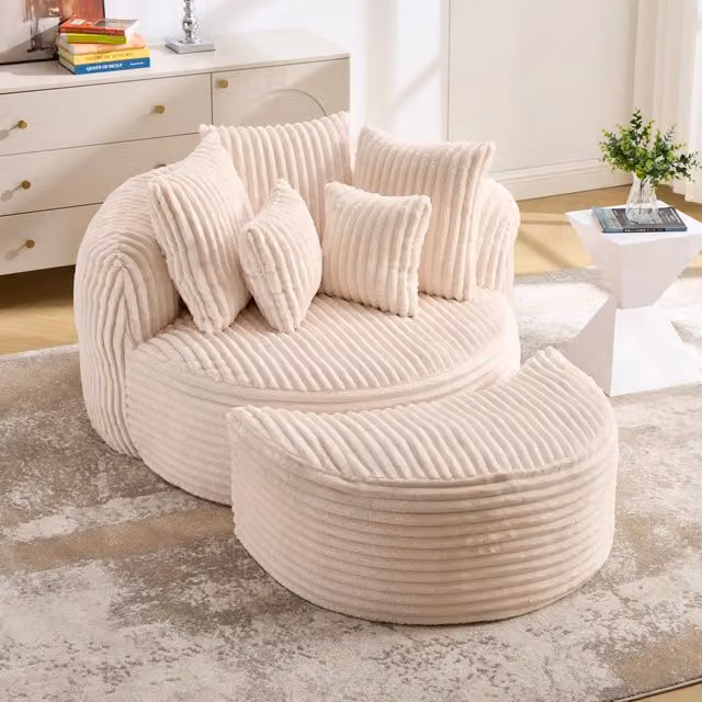 Poltrona da lettura con poggiapiedi e 5 cuscini in ciniglia beige