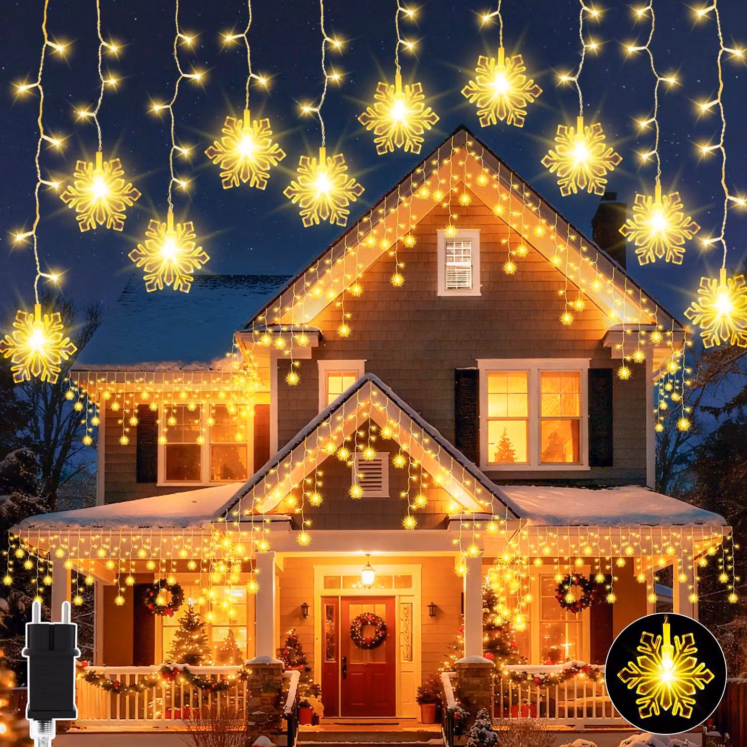 Catena luminosa "Ice Rain" da 10 metri, con 240 LED a forma di fiocchi di neve, luce bianca calda e timer integrato