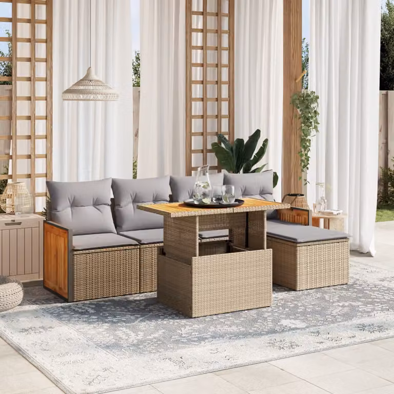 Set Divano da Giardino vidaXL 6 pz a L in Polyrattan con Cuscini Beige e Tavolino