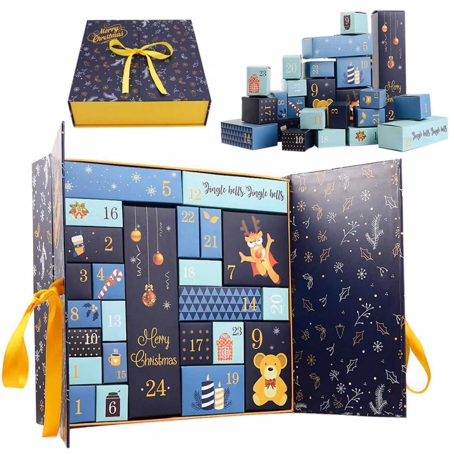 Calendario dell'Avvento da riempire, con 24 scatole, ideale per creare un calendario di Natale personalizzato. Scatole per dolcetti, contenitori per l'organizzazione, colore blu, dimensioni 33x30x8 cm