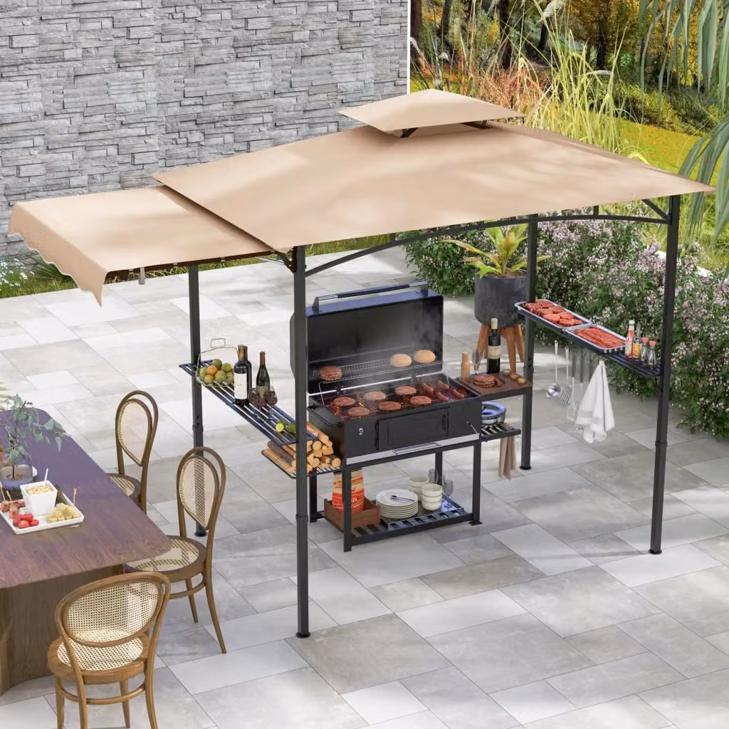 Gazebo per barbecue con tendalino laterale, tetto a 2 livelli e 2 ripiani laterali, colore beige – 2